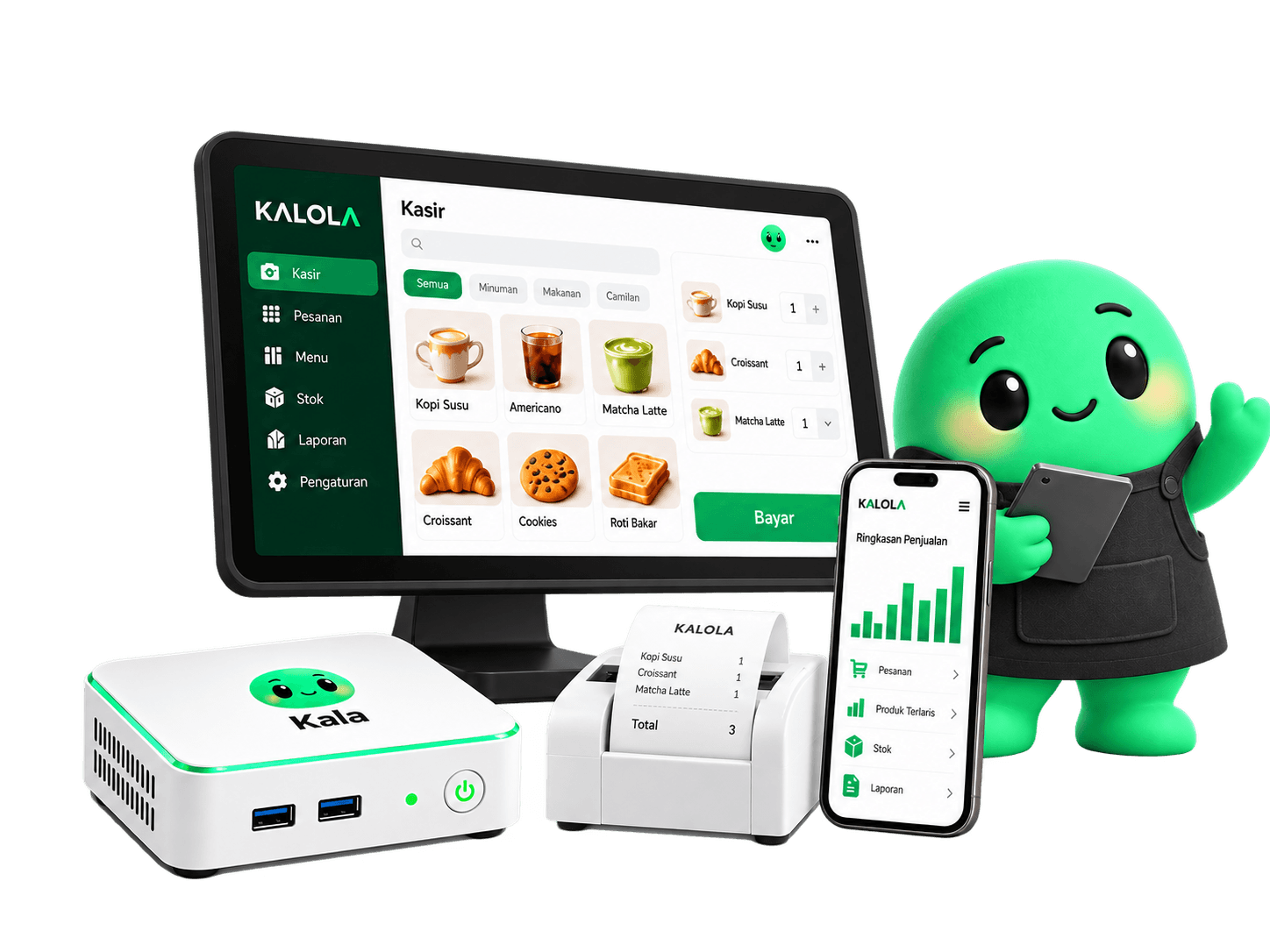 Bundle KALOLA: layar POS, Kala, mini PC putih, printer struk, dan aplikasi mobile