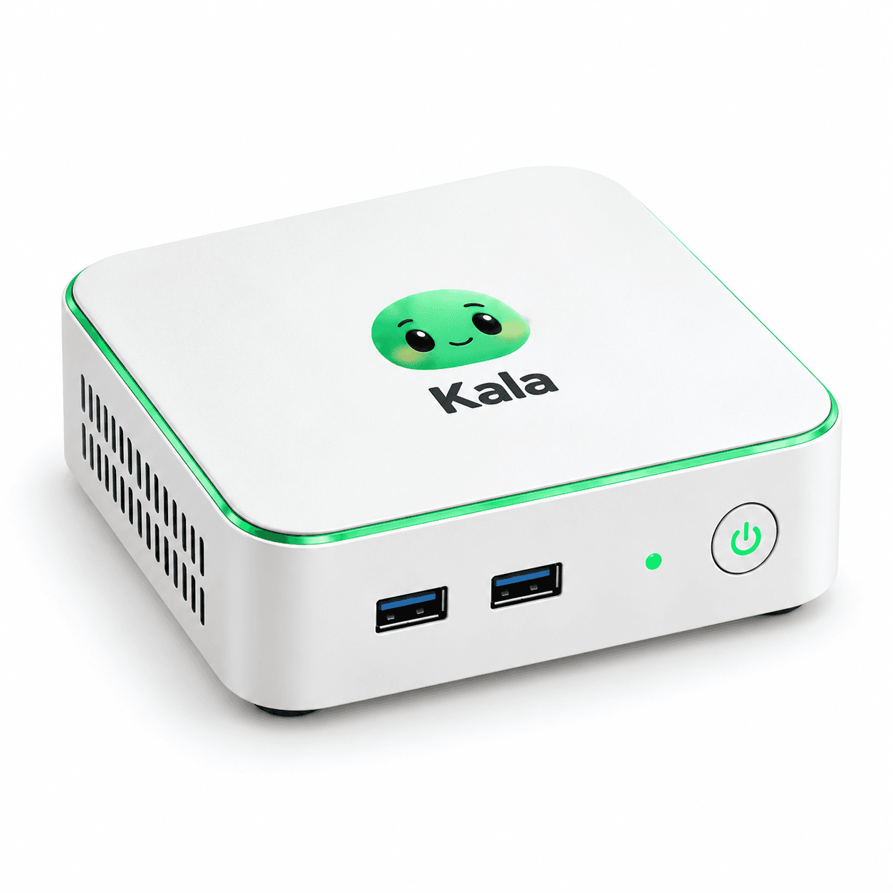 Konsep Kala Mini PC putih dengan logo wajah Kala